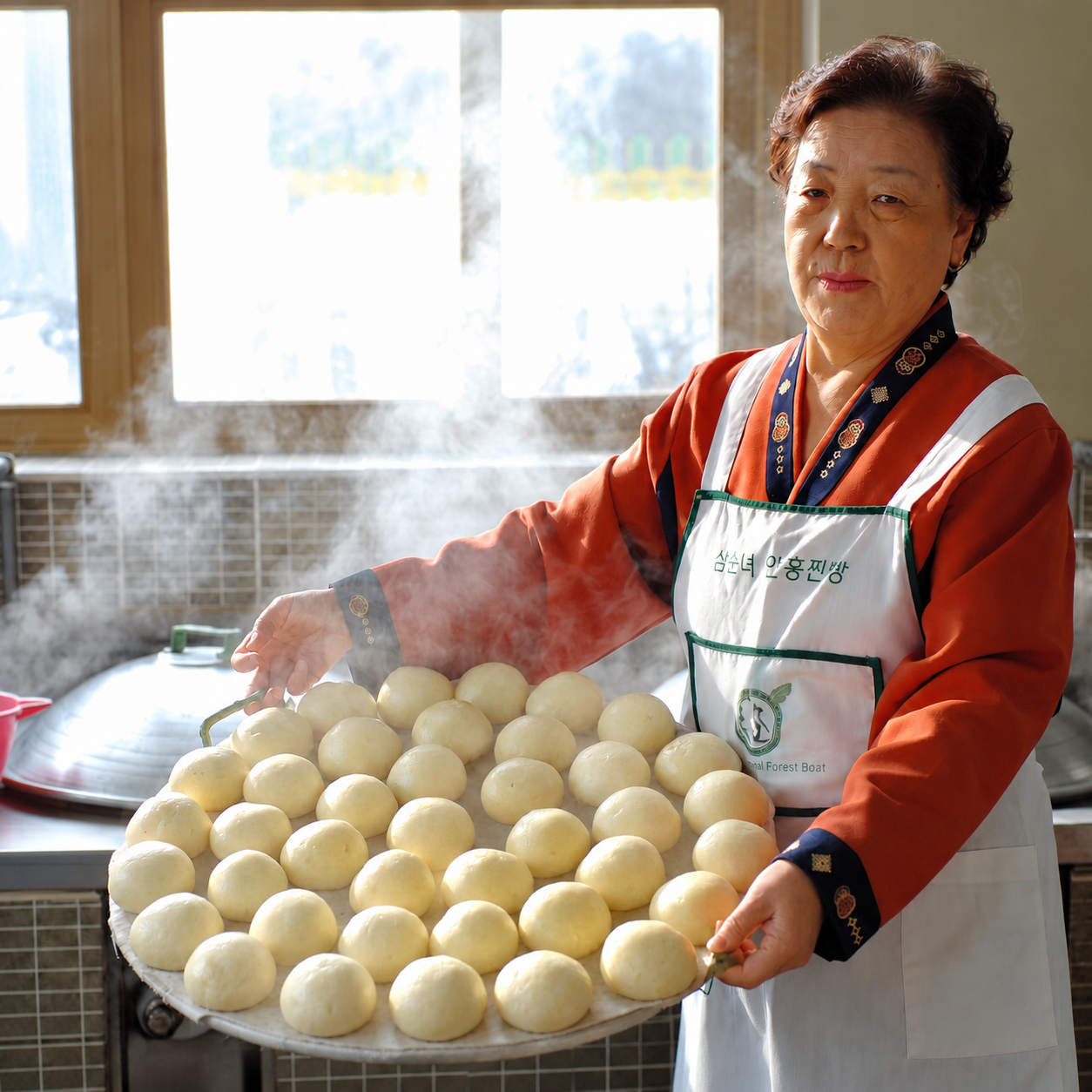 김이 오르는 찐빵을 들고 있는 심순녀 어머니